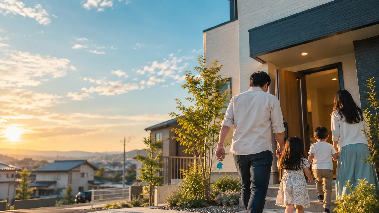 Família de costas entrando na casa nova ao entardecer, com a chave na mão